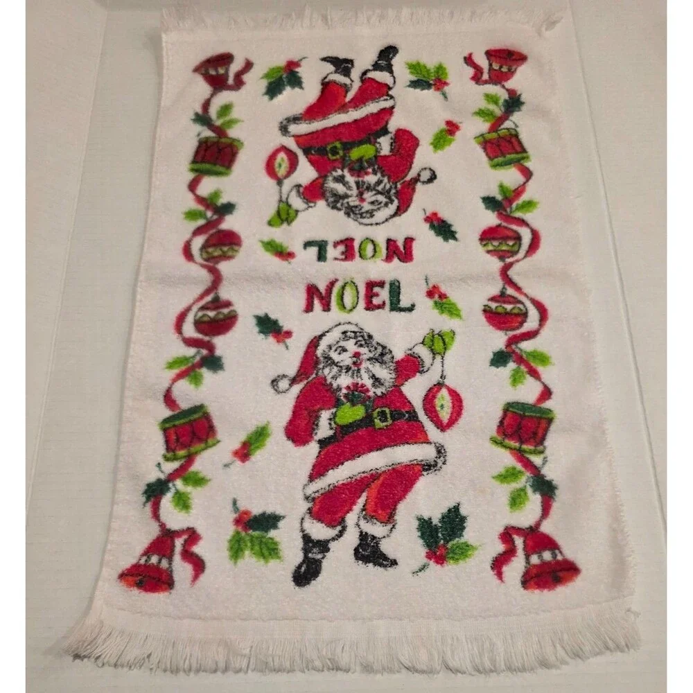 Vintage Santa Claus Christmas Hand Tea Dish Towels Set of 3 White *FLAWS